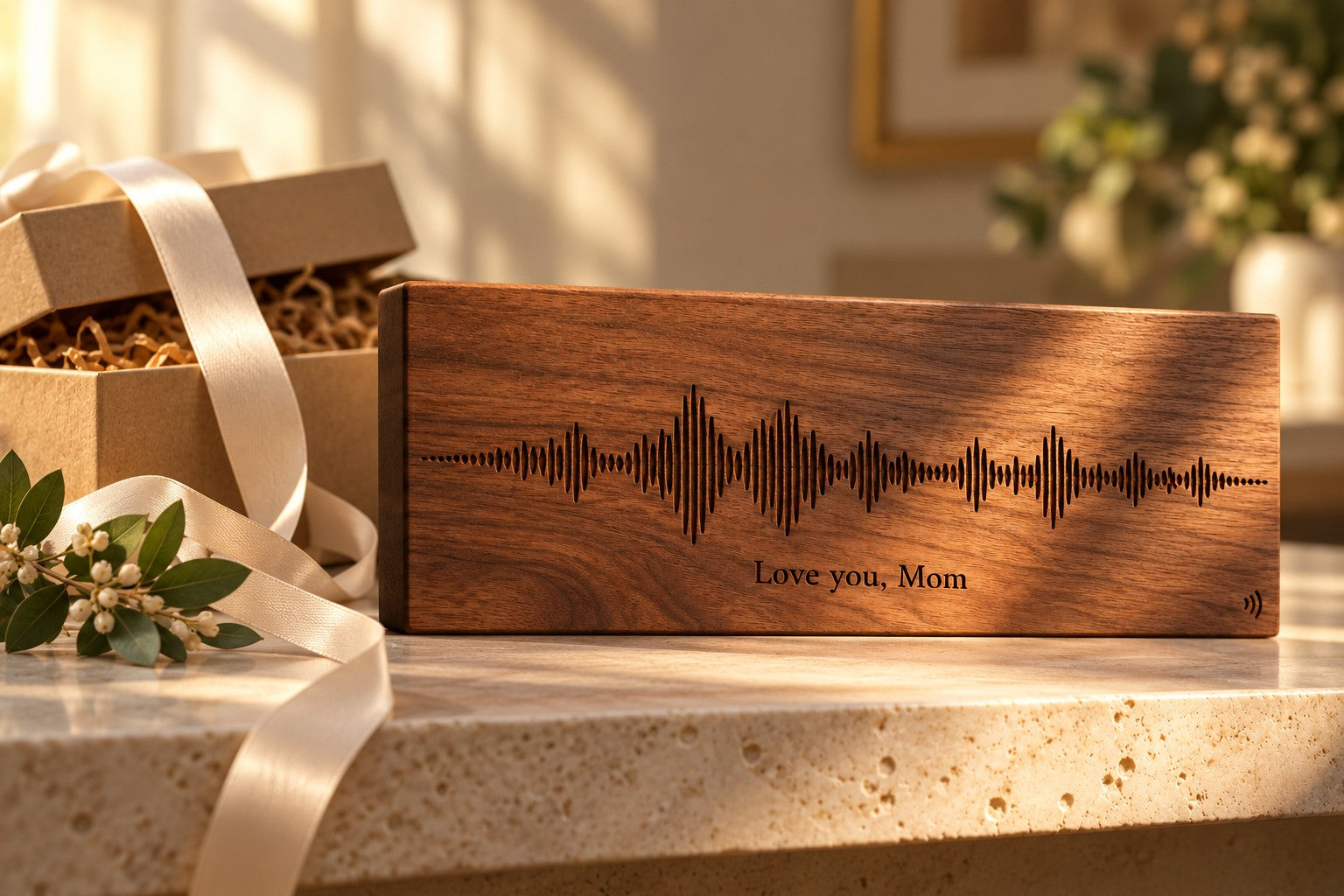 A walnut Soundwood plaque displayed beside a kraft gift box and cream ribbon
