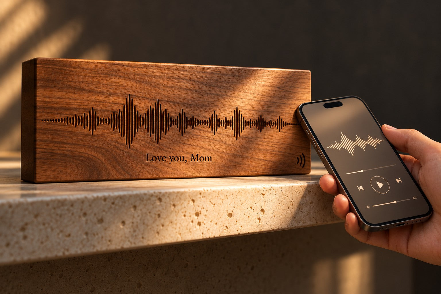 A phone held beside the NFC mark on a walnut Soundwood plaque, showing the recording player